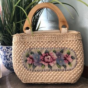 Vintage Rattan Bag with Needle Point Accent-Wood Handles-Zip Top-14x10x3